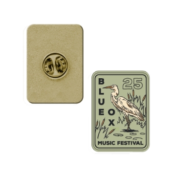 Front and back view of the Blue Ox Music Festival 2025 enamel pin featuring a heron in a marsh scene
