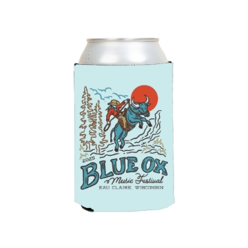 Blue Ox Music Festival 2025 koozie with cowboy riding a blue ox in front of red sun and pine trees