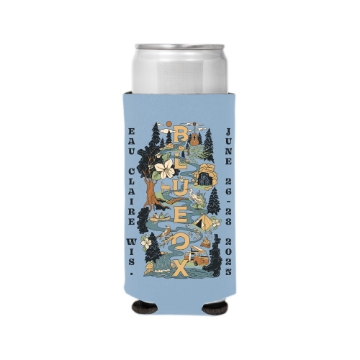 Blue Ox 2025 skinny koozie with illustrated festival map, river, tents, and trees on blue background