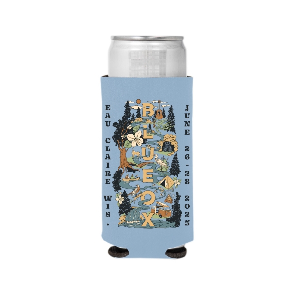 Blue Ox 2025 skinny koozie with illustrated festival map, river, tents, and trees on blue background