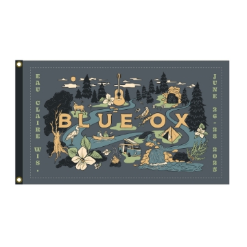Blue Ox Music Festival 2025 camp flag with illustrated river map design, nature elements, and festival scenes