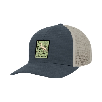 Blue Ox 2025 trucker hat with green heron patch and mesh back