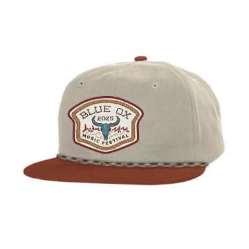 Blue Ox 2025 Trailhead Snapback Hat with steer skull patch, tan crown, and rust brim