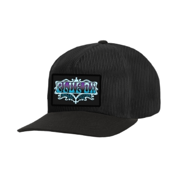 Blue Ox 2025 black trucker hat with psychedelic patch in blue and purple