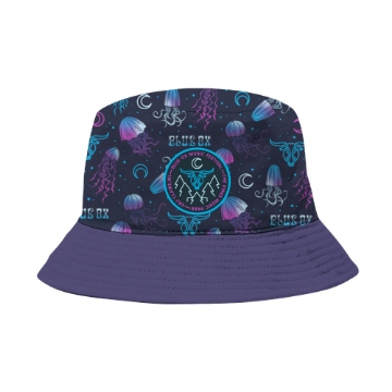 Blue Ox 2025 bucket hat with jellyfish and moon pattern and festival emblem on the front