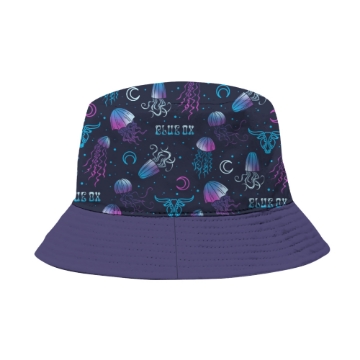 Blue Ox 2025 bucket hat with jellyfish and moon pattern and festival emblem on the front
