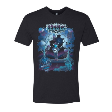Blue Ox 2025 t-shirt featuring psychedelic artwork of a blue ox playing banjo under glowing jellyfish and trees