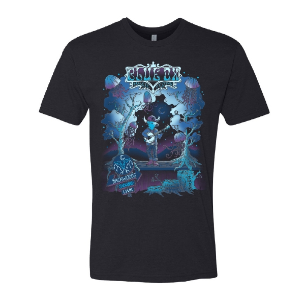 Blue Ox 2025 t-shirt featuring psychedelic artwork of a blue ox playing banjo under glowing jellyfish and trees