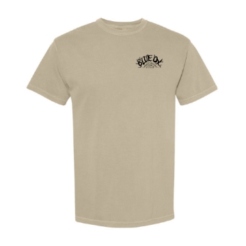 Front of Blue Ox 2025 Banjo Tee in sand color with small festival logo on chest