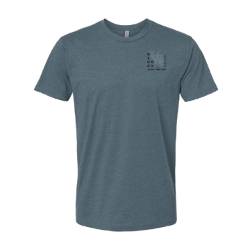 Front of Blue Ox 2025 green tee with small heron and cattail graphic on chest