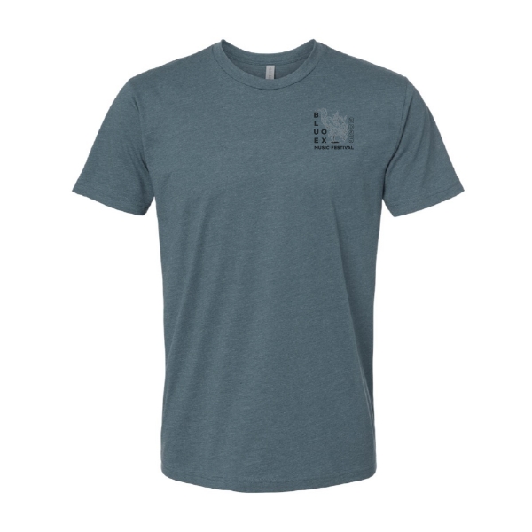 Front of Blue Ox 2025 green tee with small heron and cattail graphic on chest