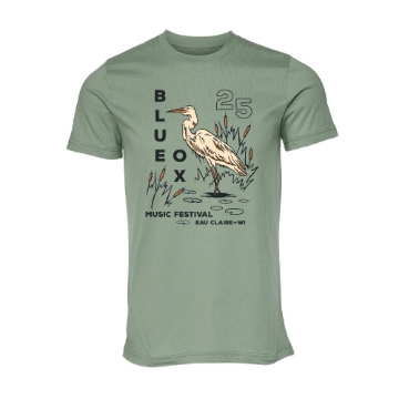 Blue Ox 2025 green t-shirt featuring heron standing among cattails with vertical logo and number 25