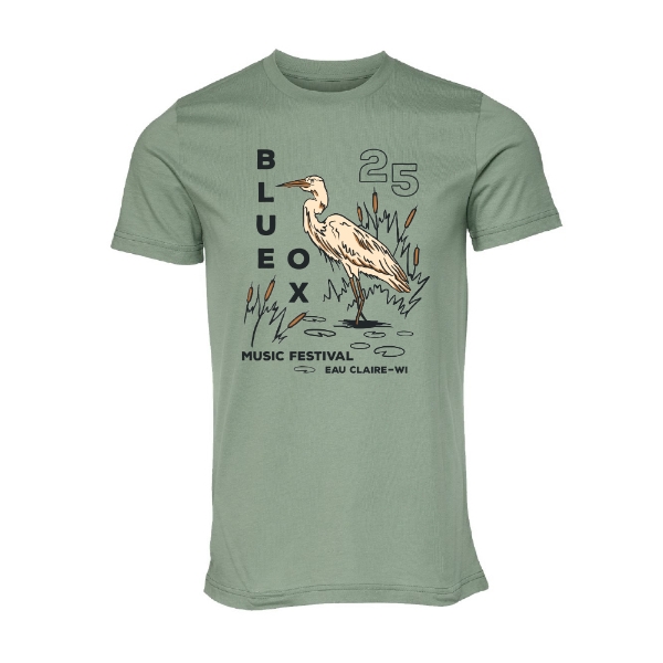Blue Ox 2025 green t-shirt featuring heron standing among cattails with vertical logo and number 25