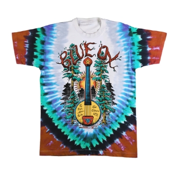 Front of Blue Ox 2025 tie-dye t-shirt with banjo and pine tree graphic, sunburst background