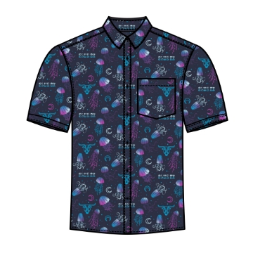 Front view of Blue Ox 2025 short-sleeve button-up shirt with jellyfish and moon pattern