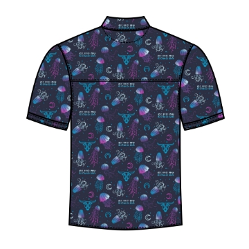 Front view of Blue Ox 2025 short-sleeve button-up shirt with jellyfish and moon pattern