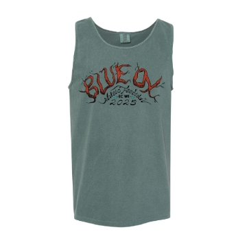 Front of Blue Ox 2025 unisex sage green tank top with twisted branch lettering and festival date