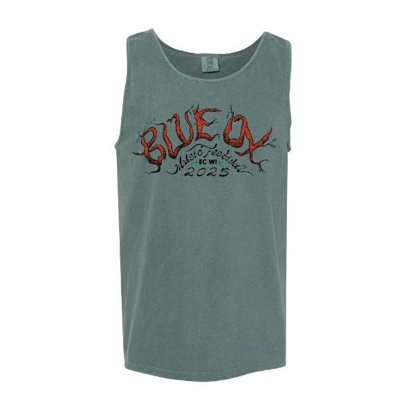 Front of Blue Ox 2025 unisex sage green tank top with twisted branch lettering and festival date