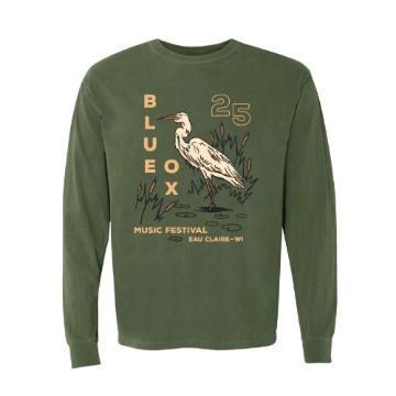 Front of Blue Ox 2025 long sleeve crewneck in green with heron and cattail design