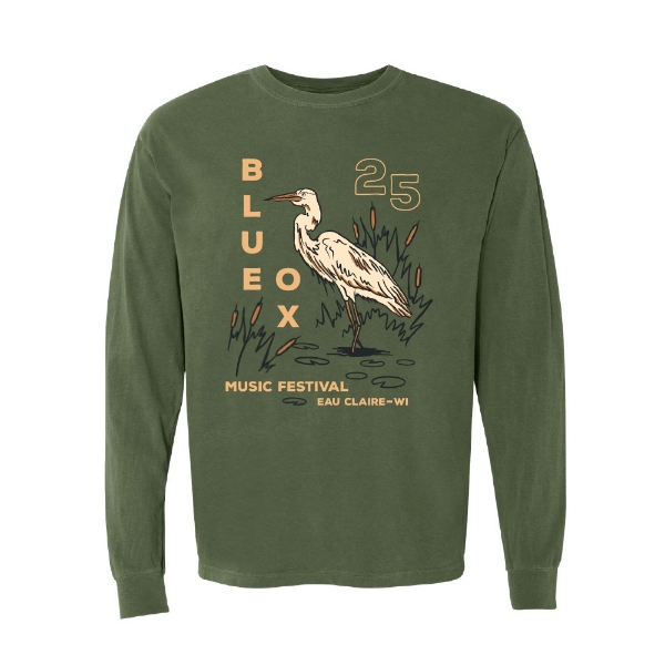 Front of Blue Ox 2025 long sleeve crewneck in green with heron and cattail design