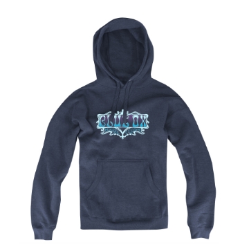 Front of Blue Ox 2025 navy hoodie with psychedelic logo in teal and purple