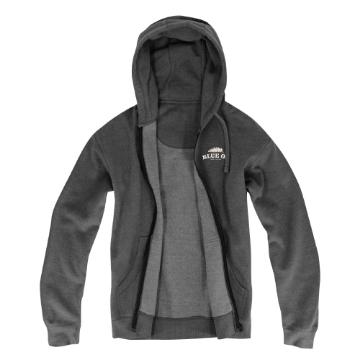 Charcoal zip-up hoodie with small cream Blue Ox Music Festival logo on the left chest.