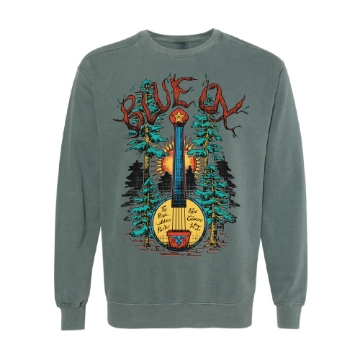 Blue Ox Banjo Forest artwork on front of green crewneck sweatshirt – 2025 festival apparel