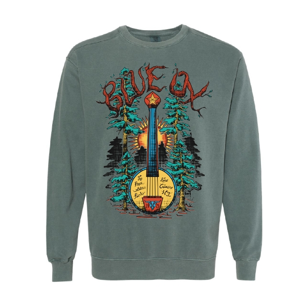 Blue Ox Banjo Forest artwork on front of green crewneck sweatshirt – 2025 festival apparel