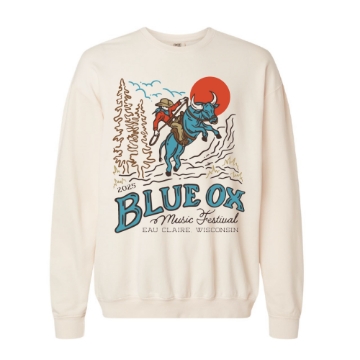 Cream crewneck sweatshirt featuring a retro illustration of a banjo-riding cowboy atop a blue ox with "Blue Ox Music Festival 2025" text.