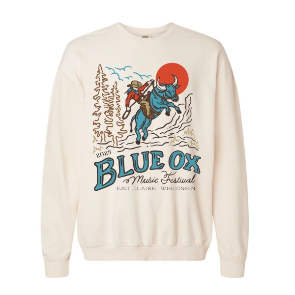 Cream crewneck sweatshirt featuring a retro illustration of a banjo-riding cowboy atop a blue ox with "Blue Ox Music Festival 2025" text.
