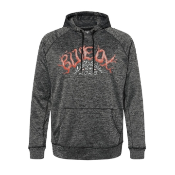 Front view of charcoal heather Blue Ox Roots Hoodie with red-orange "Roots" logo and 2025 Blue Ox Music Festival graphic