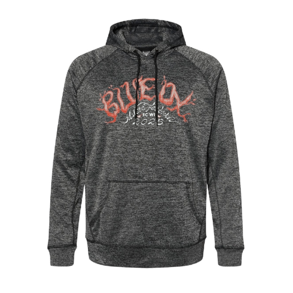 Front view of charcoal heather Blue Ox Roots Hoodie with red-orange "Roots" logo and 2025 Blue Ox Music Festival graphic