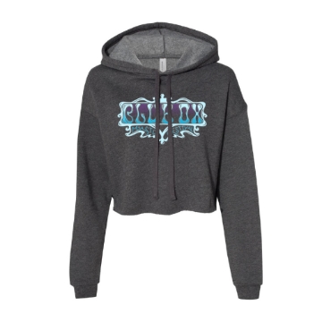 Front view of a charcoal crop hoodie featuring a colorful "Blue Ox Music Festival" logo in a psychedelic frame.