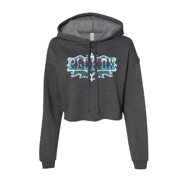 Front view of a charcoal crop hoodie featuring a colorful "Blue Ox Music Festival" logo in a psychedelic frame.