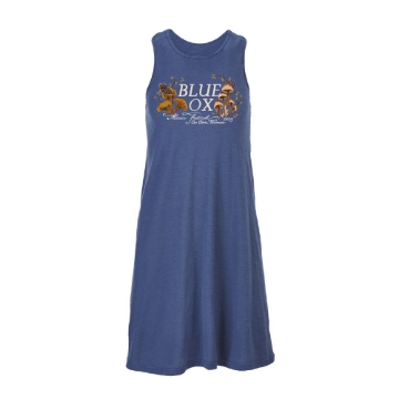 Ladies Woodland Whimsy Dress with mushroom and floral artwork and Blue Ox Music Festival text