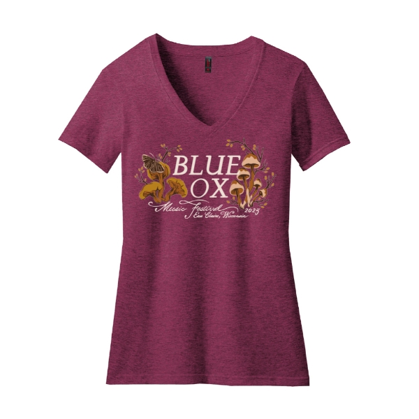 Ladies maroon v-neck tee with mushroom and foliage Blue Ox Music Festival 2025 graphic on the chest