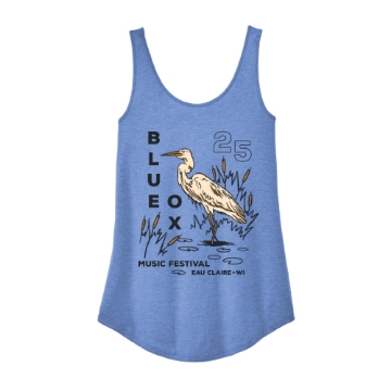 Blue Ox 2025 ladies racerback tank in blue featuring heron artwork and vertical festival text on the front.