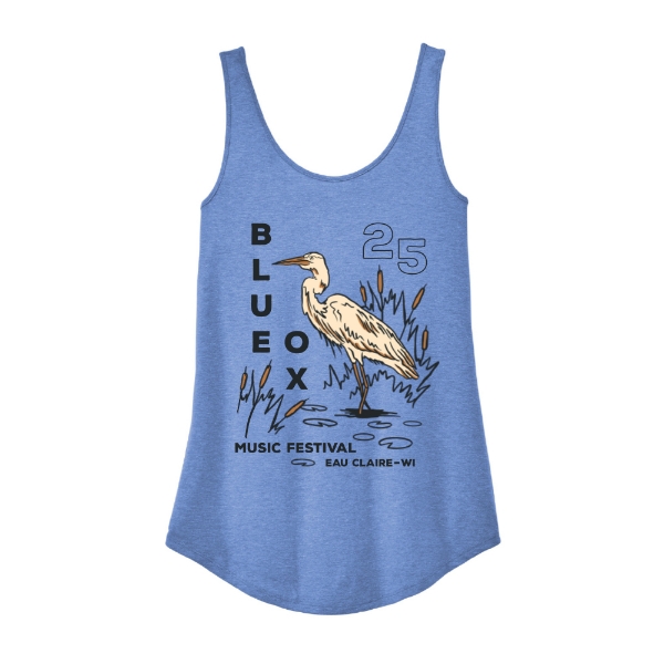 Blue Ox 2025 ladies racerback tank in blue featuring heron artwork and vertical festival text on the front.