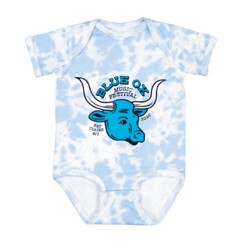 Blue Ox Music Festival baby onesie with blue ox head graphic on light blue tie-dye.