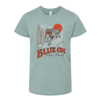 Youth-sized sage green Blue Ox Music Festival t-shirt with cowboy riding an ox graphic and bold red lettering.