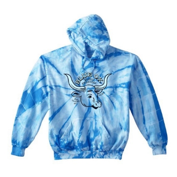Youth blue tie-dye hoodie with Blue Ox Music Festival 2025 ox head logo in black on the front.