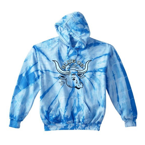 Youth blue tie-dye hoodie with Blue Ox Music Festival 2025 ox head logo in black on the front.
