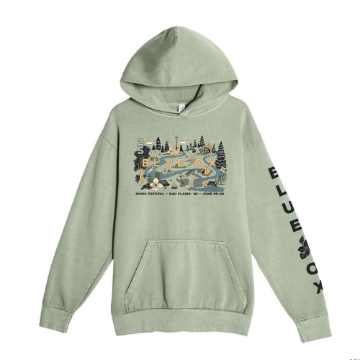 Sage green hoodie with Blue Ox Music Festival 2025 river-themed artwork on the front and "BLUE OX" printed down the right sleeve.