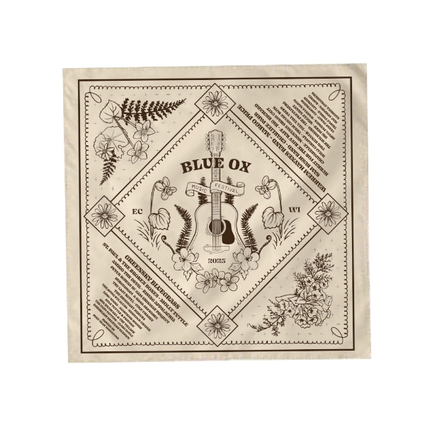 bandana with floral guitar art and 2025 music festival lineup printed on it