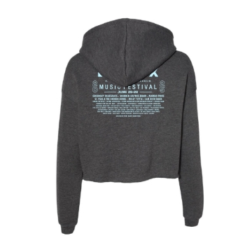 Front view of a charcoal crop hoodie featuring a colorful "Blue Ox Music Festival" logo in a psychedelic frame.