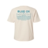 Back view of cream-colored cropped tee with festival lineup, printed in blue