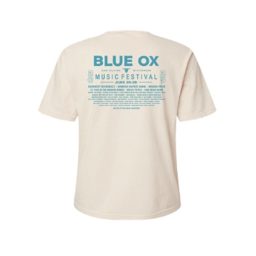 Cream-colored cropped tee with Blue Ox Music Festival 2025 graphic featuring a rider on a blue ox under a red sun