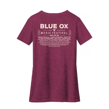 Ladies maroon v-neck tee with mushroom and foliage Blue Ox Music Festival 2025 graphic on the chest