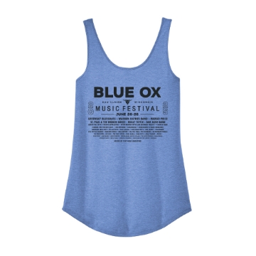 Blue Ox 2025 ladies racerback tank in blue featuring heron artwork and vertical festival text on the front.