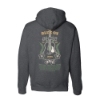 Back of charcoal zip-up hoodie featuring a guitar illustration with ferns and flowers, and Blue Ox Music Festival Lineup